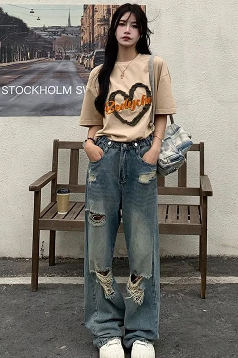 High Waist Denim Pants with Holes Washed main image 0