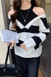 Long Sleeve Off Shoulder Striped Sweater
