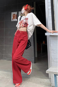 High Waist Casual Red Colors Long Pants