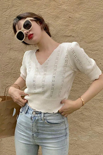 V-Neck Thin Knitted Hollow Out Shirts