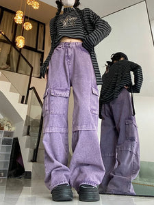 Loose Purple Cargo Pockets Jeans Pants