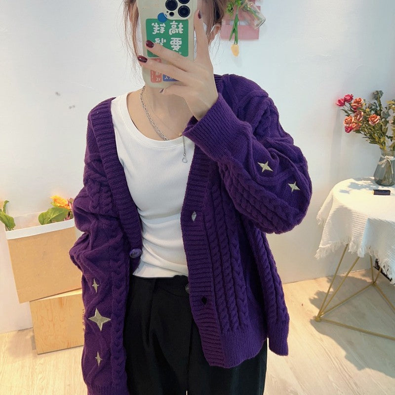 Stars Embroidered Retro Knitted Purple Sweater – Tomscloth