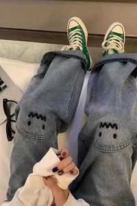 High Waist Cute Monster Smiley Long Jeans Pants