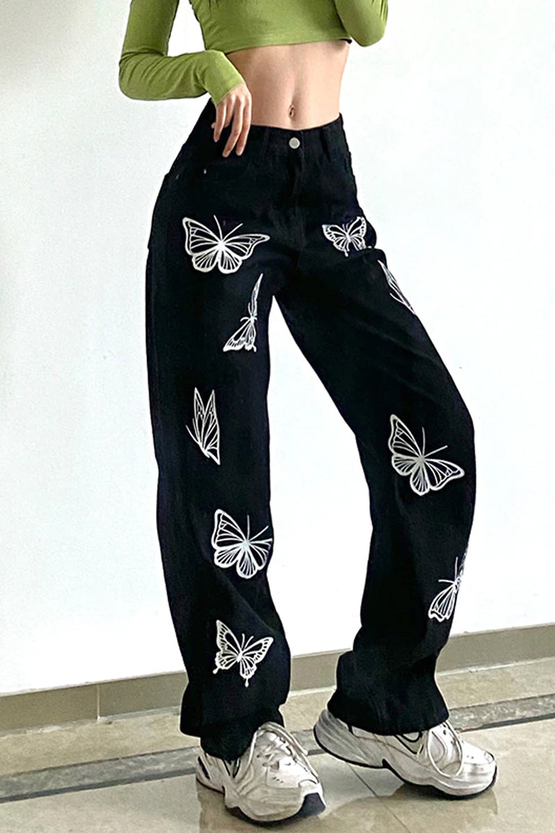 Casual Butterfly Printed Black Jeans Pants – Tomscloth