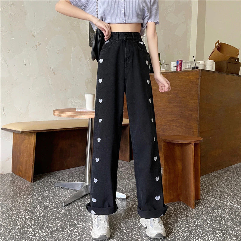 High Waisted Embroidered Black Wide Leg Pants