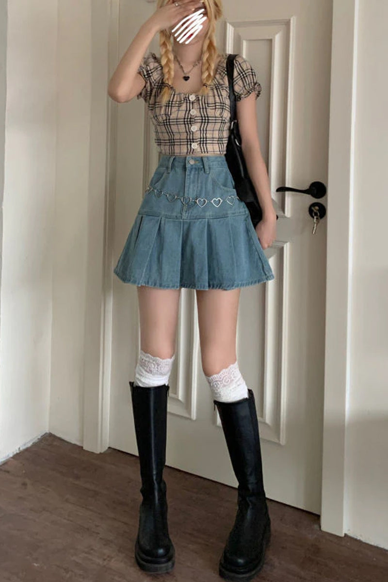 Casual Pleated Denim Mini Skirt Tomscloth