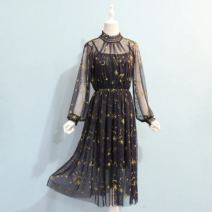 Elegant Moon and Stars Mesh Long Sleeve Dress Tomscloth Elegant Moon and Stars Mesh Long Sleeve Dress Tomscloth