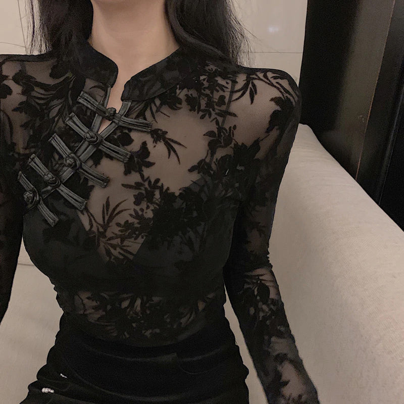 Black Turtleneck Lace Chinese Style Blouse – Tomscloth Black Turtleneck Lace Chinese Style Blouse – Tomscloth