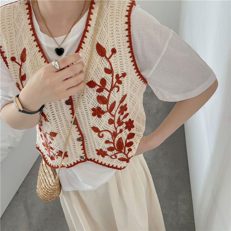Floral Embroidered Elegant Knitted Vest Sweater – Tomscloth