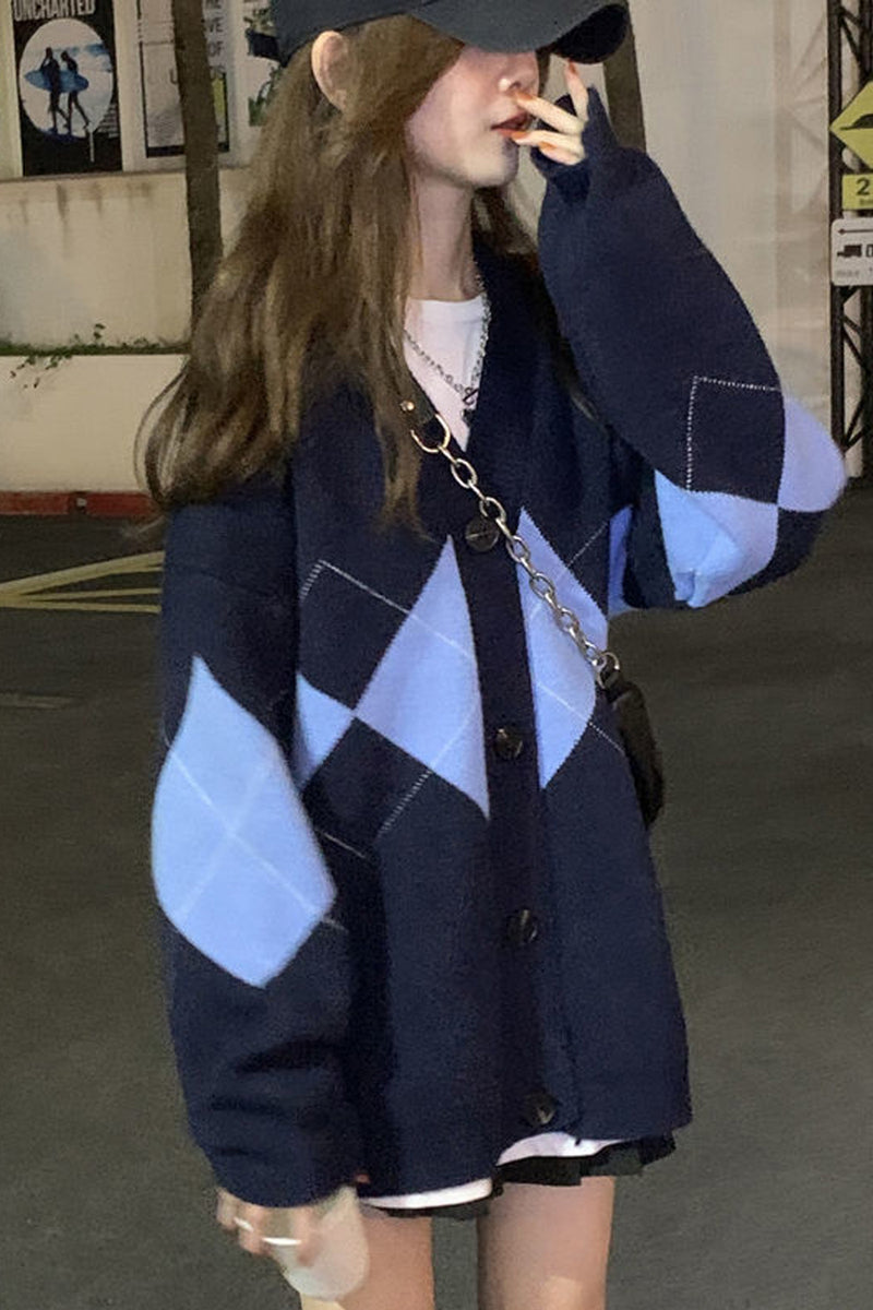 Classic V-Neck Printed Loose Knit Cardigan