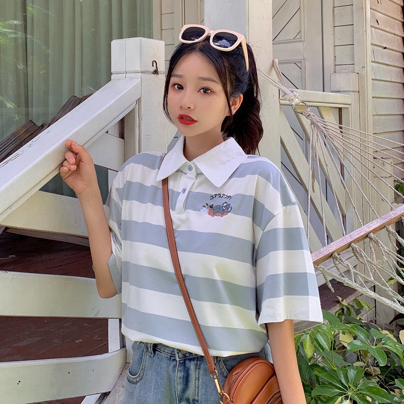 トップス kartoon Cute Cartoon Striped Turn Down Collar Shirt – Tomscloth