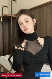Long Sleeve High Neck Hollow Out Cropped Shirt