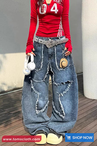 High Waist Star Tassel Embroidered Jeans Pants