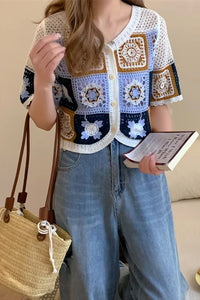 Short Sleeve Flower Embroidery Crochet Shirts