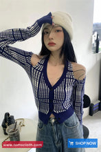Long Sleeve Sexy Off Shoulder Blue Plaid Knitted Shirt
