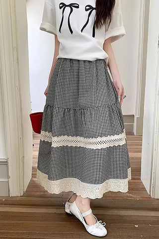 High Waist Vintage Plaid Lace Patchwork Long Skirts