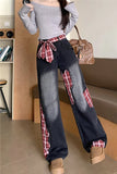 High Waist Bow Plaid Splicing Jeans Pants