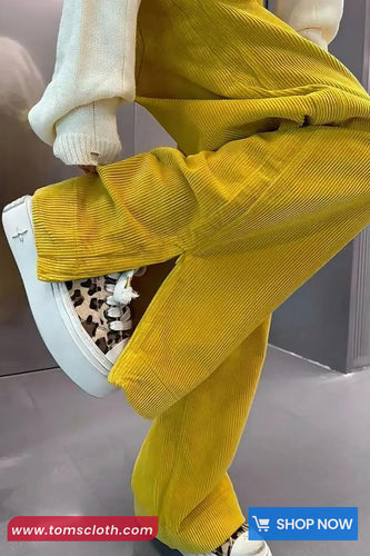 High Waist Vintage Zipper Yellow Corduroy Pants
