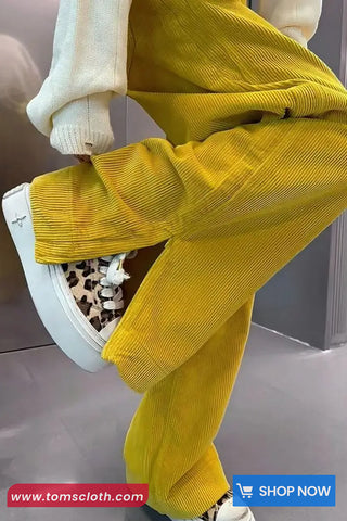 High Waist Vintage Zipper Yellow Corduroy Pants