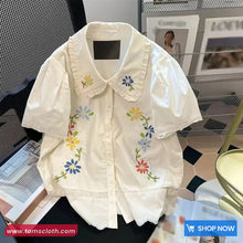 Cute Retro Doll Collar Flower Embroidered Blouse Shirt