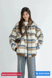 Long Sleeve Retro Woolen Plaid Zipper Collar Jacket