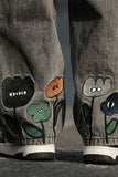 Cartoon Flower Back Embroidered Men Jeans Pants