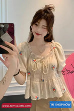 Puff Sleeve Square Collar Drawstring Floral Pattern Shirt
