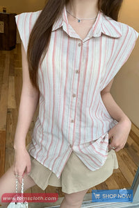Turn Down Collar Retro Sleeveless Striped Blouse Shirt