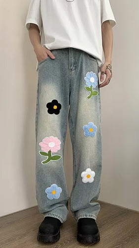 Vintage Flower Embroidered Long Men Jeans Pants