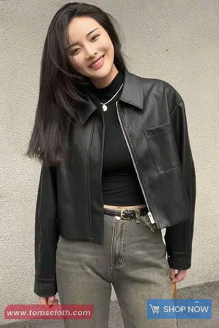 Long Sleeve Turn Down Collar Zipper Leather Jacket