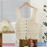 Square Neck Front Button Crochet Tops