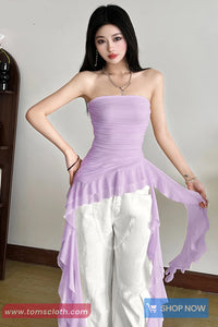 Sexy Off Shoulder Asymmetrical Ruffled Crop Tops