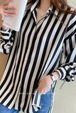 Long Sleeve Retro Black White Striped Office Blouse Shirt