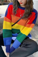 Long Sleeve Rainbow Striped Color Knitted Sweater