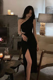 Sexy One Shoulder Split Bodycon Black Dress