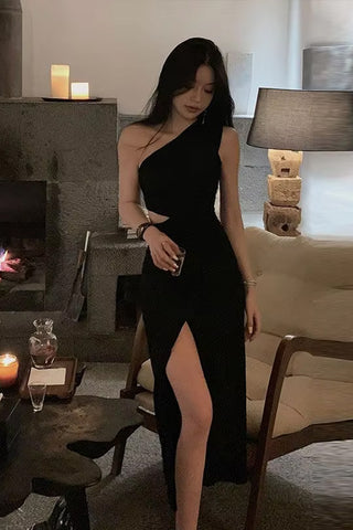 Sexy One Shoulder Split Bodycon Black Dress