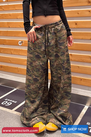 Loose Elastic Waist Camouflage Military Wide Leg Pants
