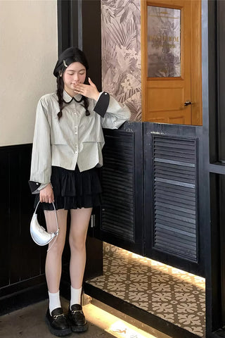 Long Sleeve Turn Down Collar Retro Striped Blouse Shirt