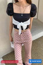 Casual Pink Checkered Slim Flare Long Pants