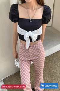 Casual Pink Checkered Slim Flare Long Pants