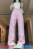 Retro Pink Plaid Casual Long Pants