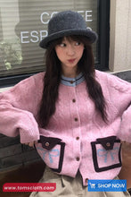Long Sleeve Bow Pattern Knitted Cropped Cardigan Sweater