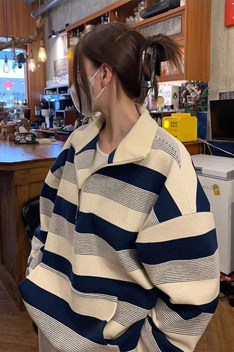 Turn Down Collar Zipper Retro Striped Sweater