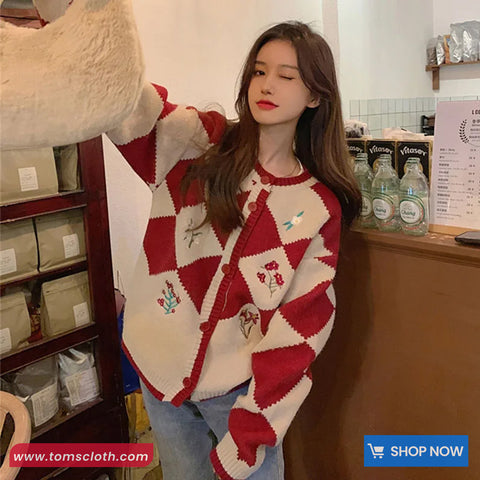 Long Sleeve Flower Embroidered Argyle Cardigan Sweater
