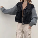 Long Sleeve Knitted Combination Black Denim Jacket