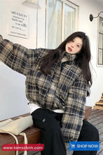 Loose Stand Collar Retro Plaid Pattern Parkas Coat Jacket