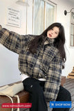 Loose Stand Collar Retro Plaid Pattern Parkas Coat Jacket