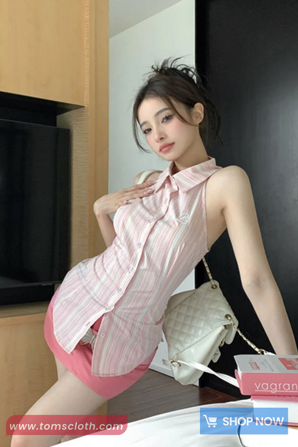 Sleeveless Back Drawstring Pink Striped Blouse Shirt