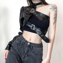 Long Sleeve One Shoulder Leather Belt Crop Tops