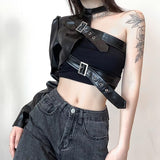 Long Sleeve One Shoulder Leather Belt Crop Tops